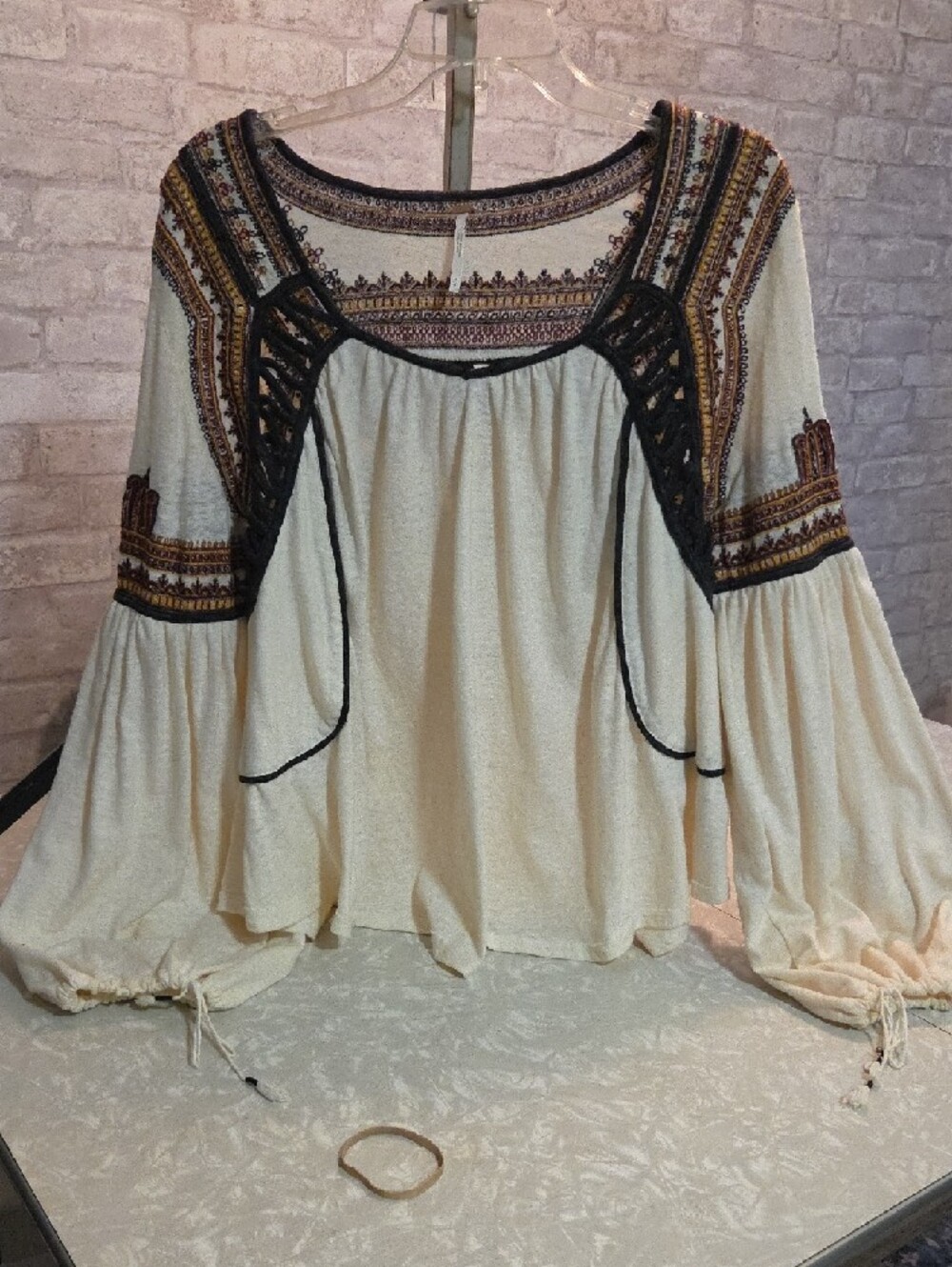 Rare Free People Cream Tunic with Black Crochet & Multicolor Embroidery